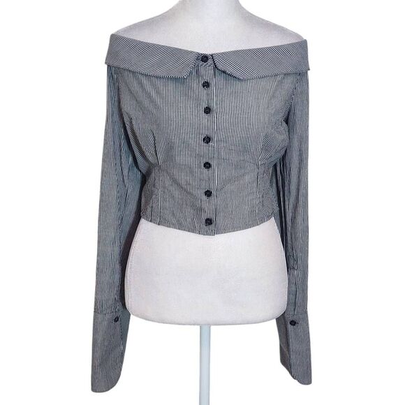The Sang Charcoal Gray Stripe Button Down Off the Shoulder Crop Top Size Large - Picture 1 of 9